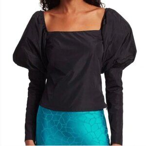 NWT The Andamane Elsa Puff Sleeve Taffeta Top – Black XS Statement Cropped Blous